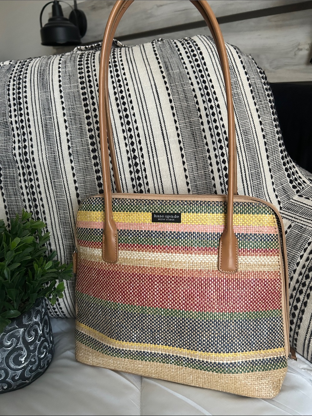 kate spade Multicolor Striped Straw Tote with Tan Handles
